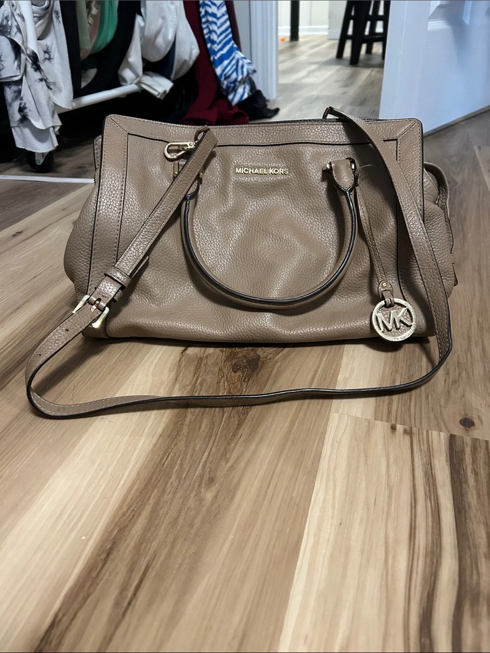 Michael Kors Taupe Brown Pebbled Leather Satchel with Gold Hardware